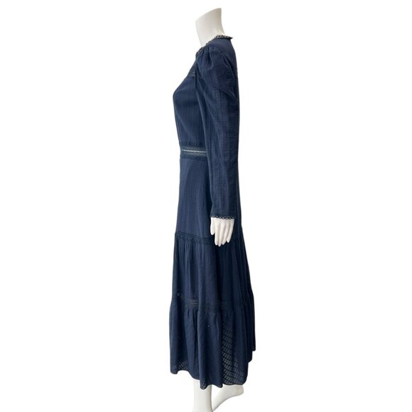 $375 NWT La Vie Blue Midnight Navy Ribbon Embroidered LS Dress size Medium - Picture 5 of 9